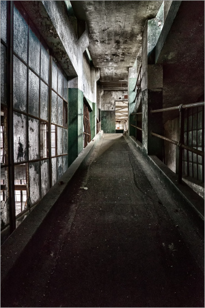Abandoned corridor with worn walls, faint light filtering through dusty windows.