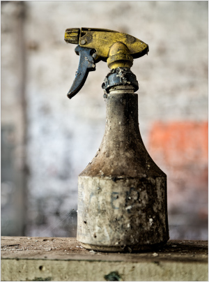 Worn sprayer rests still, dust and time have intertwined.