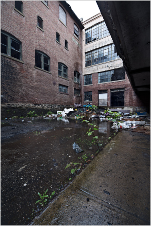 Abandoned building courtyard with puddles, debris, and overgrown plants in a surreal atmosphere.