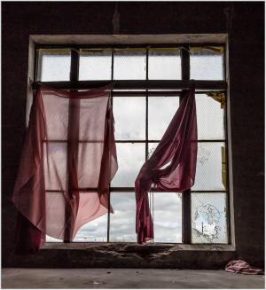 Window with torn fabric draped over it, showcasing urban decay and natural light.