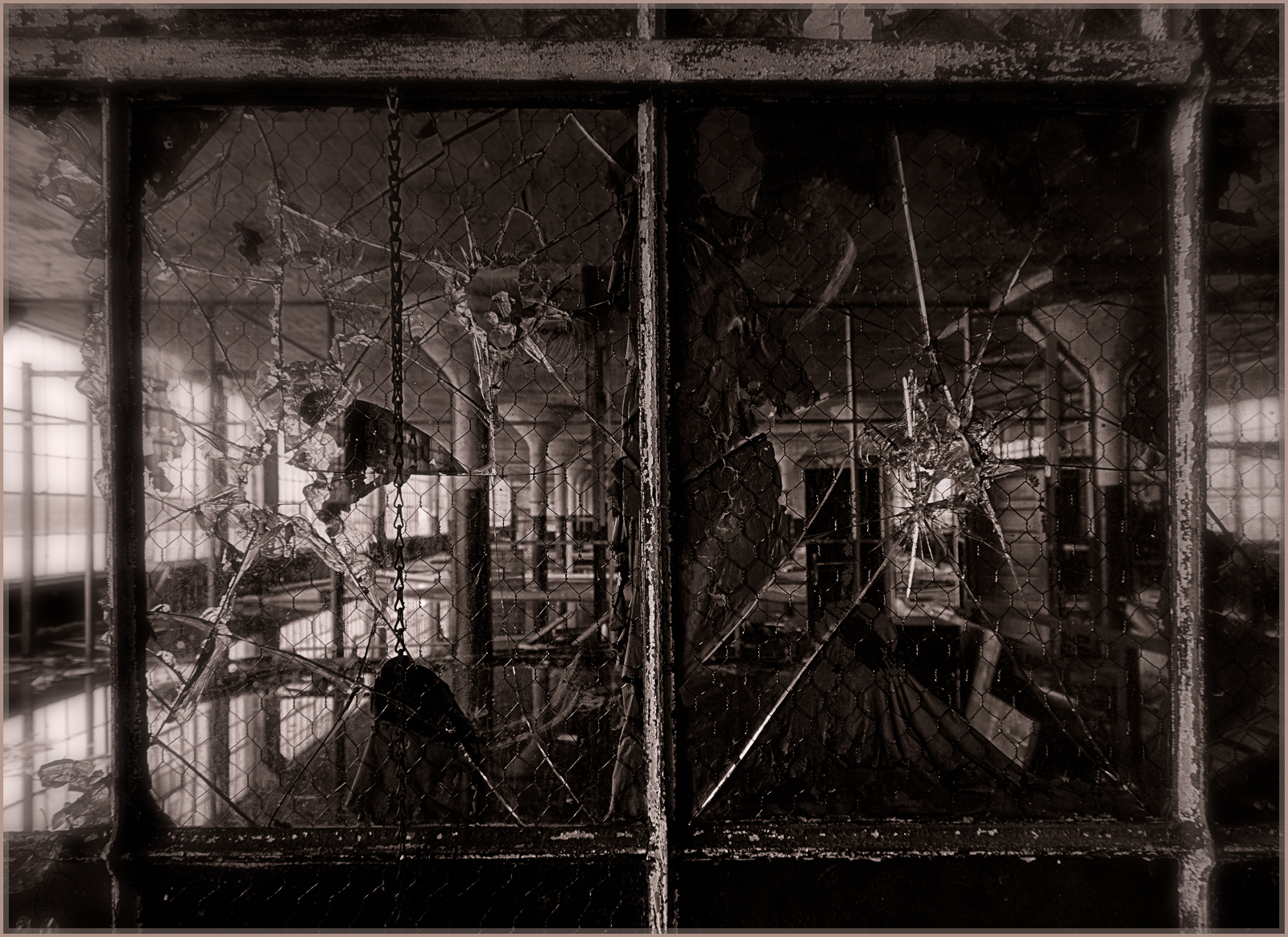 A shattered window reveals the intricate decay of an abandoned structure.