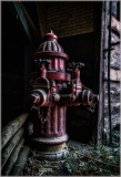 A weathered red fire hydrant stands in the shadows, chains draping like a fallen curtain.
