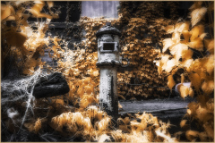 An old, ornate post amidst vibrant golden leaves and shadows, exuding surrealism and decay.
