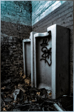 Two gritty urinals stand in a shadowy, crumbling room, graffiti marking their decay.