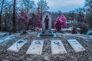 A haunting graveyard with a solitary tombstone and ghostly pink foliage.
