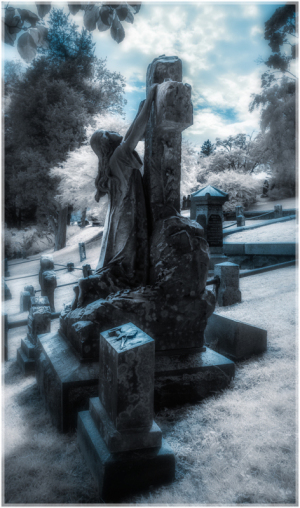 A forlorn figure clad in antiquarian garb stands by a cryptic gravestone, engulfed in eldritch shadows.