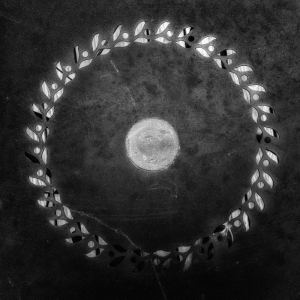 A circular pattern of leaves surrounds a faded moon, shadows creeping in.