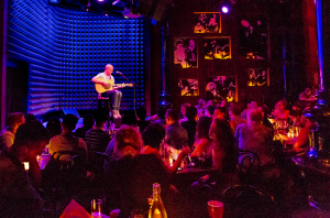 A musician serenades a captivated audience in a dimly lit venue.
