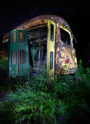 An ancient, rusted trolley lies in a forsaken graveyard, overgrown with wild flora.