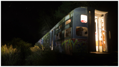 Abandoned train car illuminated at night, surrounded by tall grass.