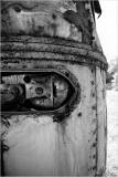 A weathered trolley, rusted and forlorn, stands in stark contrast to nature's embrace.