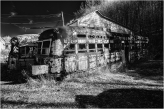 An abandoned, rusted trolley lies amidst overgrown weeds, a relic of forgotten journeys.