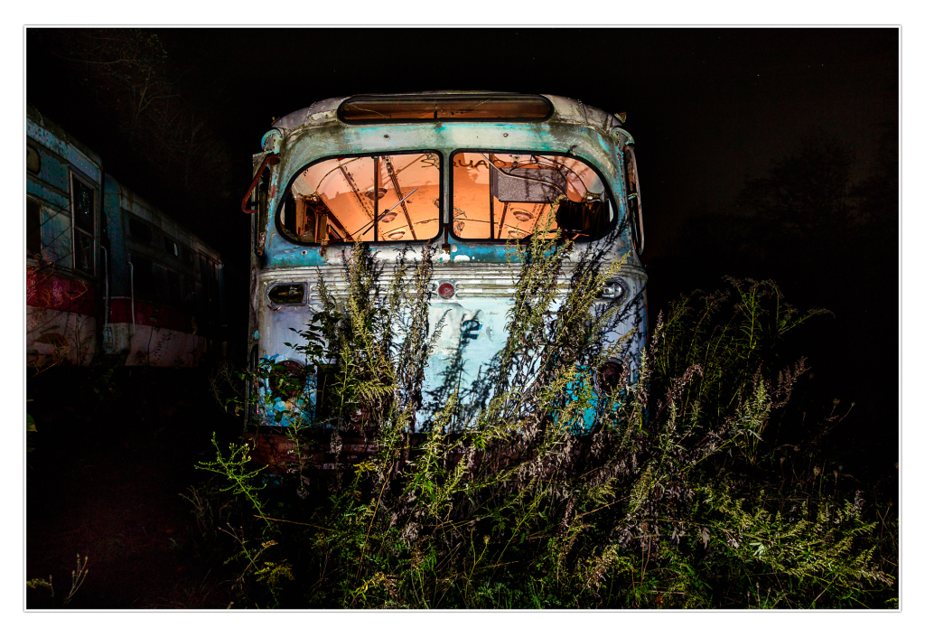 Abandoned trolley bus overgrown with wild plants in a dark, eerie setting.
