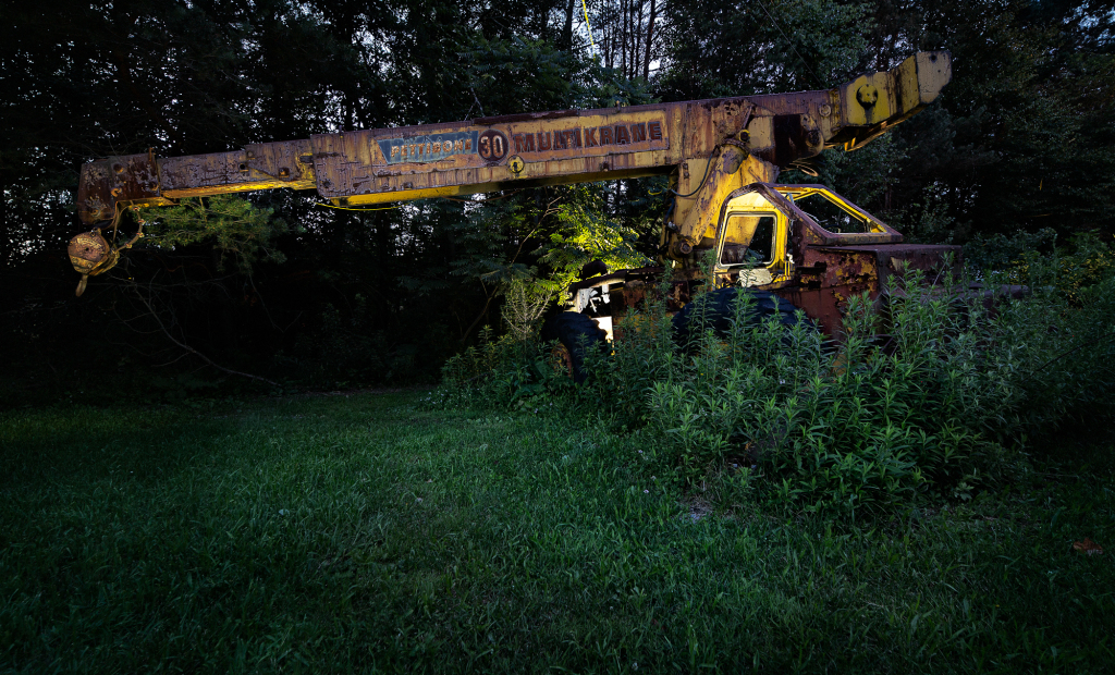 A rusted crane looms in the shadows, overgrown with weeds, a relic of forgotten labor.
