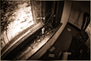 Dusty window with cobwebs and debris in an abandoned room
